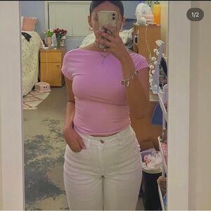 Fitted Pink T-Shirt with Short Sleeves and High Round Neckline